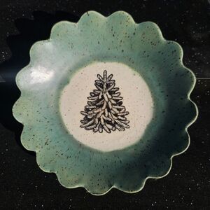 Scalloped Green and White Christmas Tree Bowl